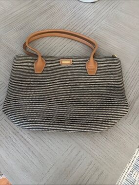 Eric Javits Tan-Trim Black & Tan Stripe Tote Bag  Red interior. Pockets